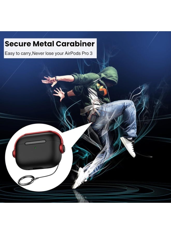 جراب AirPods Pro 3، غطاء قفل أمان لسماعات Apple AirPods Pro 3 2025 مع حامل للهاتف وسلسلة مفاتيح، جراب واقٍ مقاوم للصدمات والخدوش للرجال والنساء - (أسود/أحمر) - Image 3